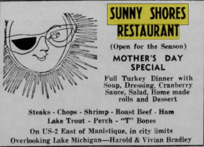 Sunny Shores Restaurant (Straslers Sunny Shores Restaurant) - May 1955 Ad